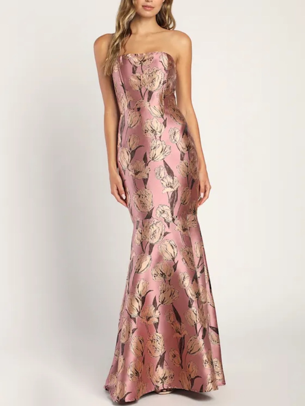 Lulu's Blush Pink Strapless Floral Mermaid Gown